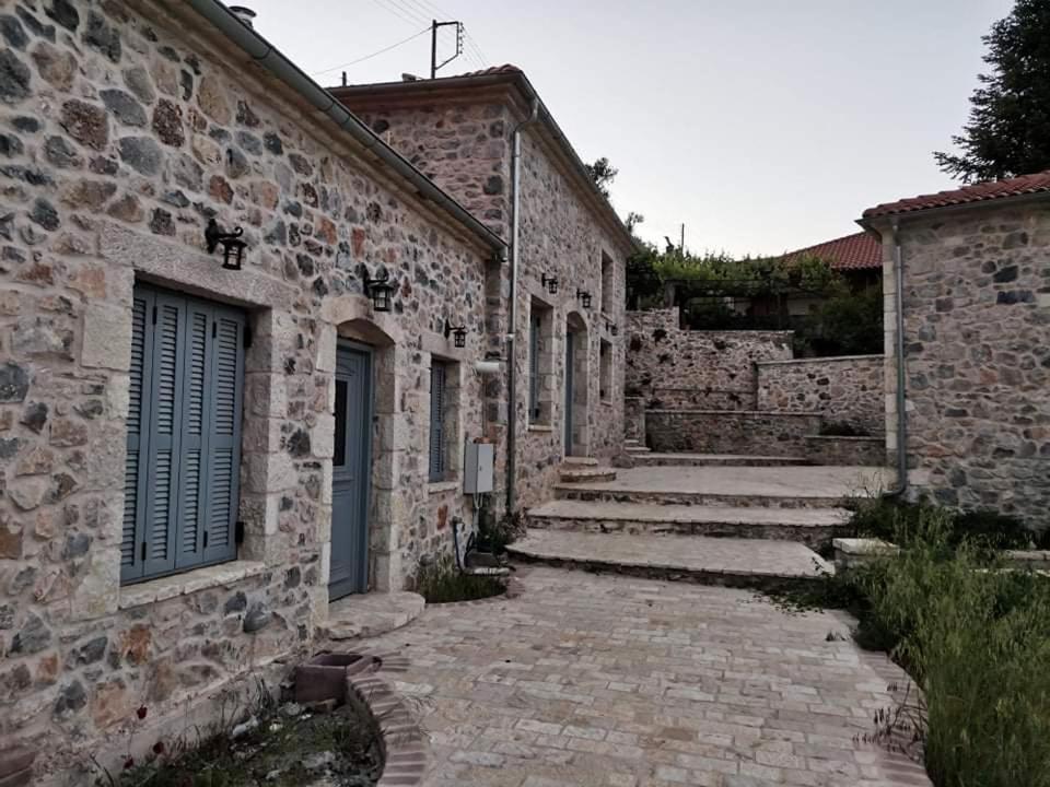 an old stone building with steps and a blue door at AMELIE in Levidi