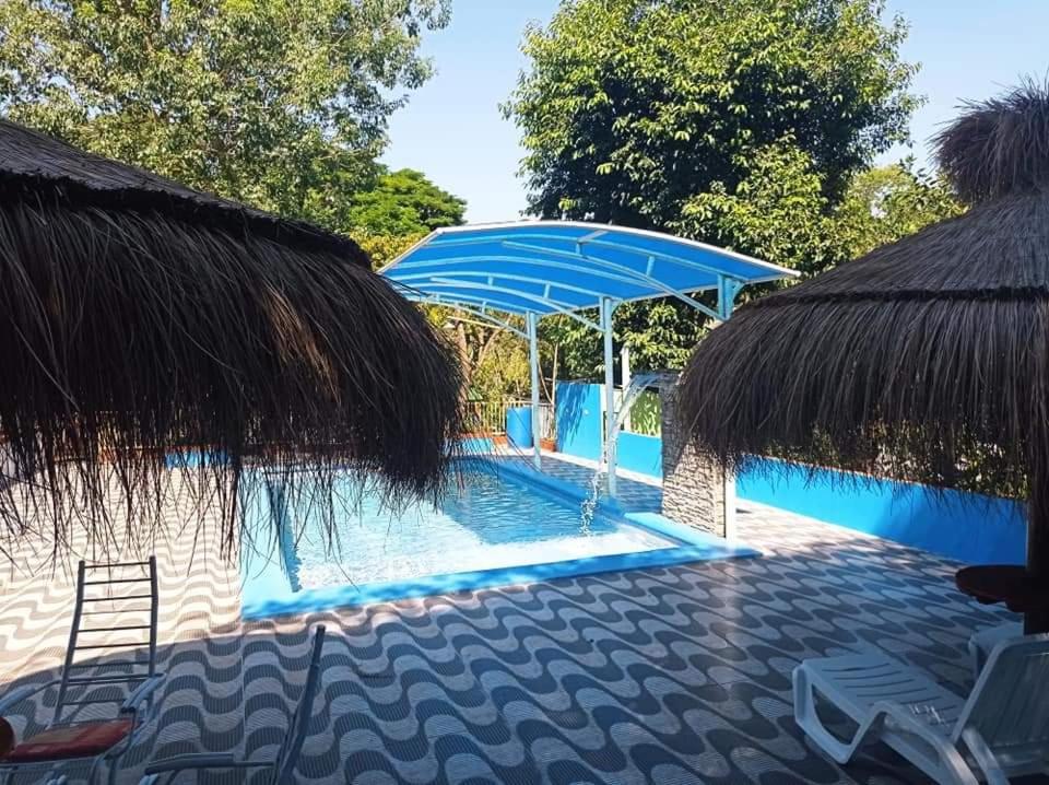 a swimming pool with a thatch umbrella and a swimming pool at Cabaña del lago in Ciudad del Este