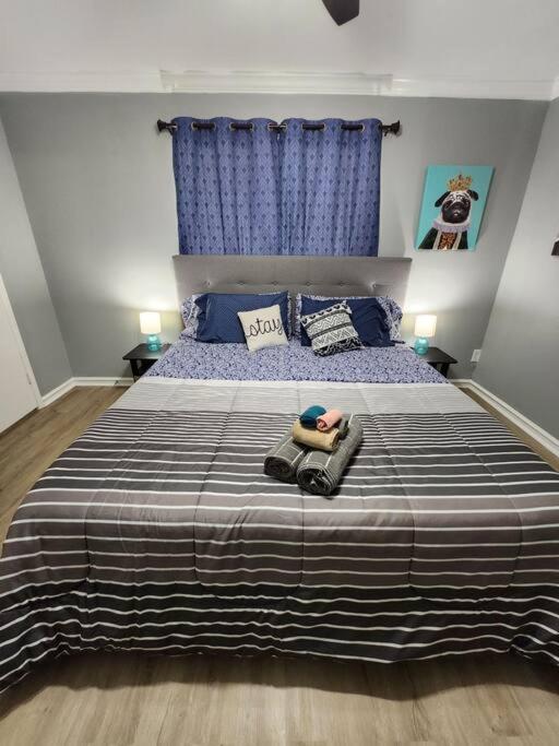 1 dormitorio con 1 cama grande y cortinas azules en Blue Shark *E19* @ Midtown Functional 1BR King Apartment en Houston