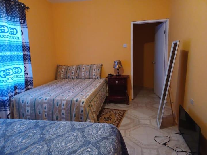 a bedroom with two beds and a door to a hallway at Guest Suite in Old Harbour in Old Harbour