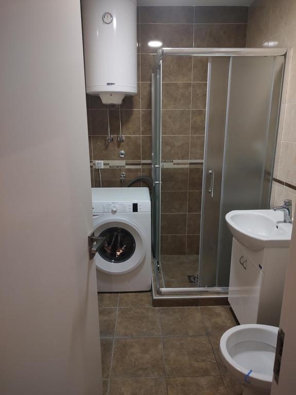 a bathroom with a washing machine and a sink at Apartman in Mali Mokri Lug