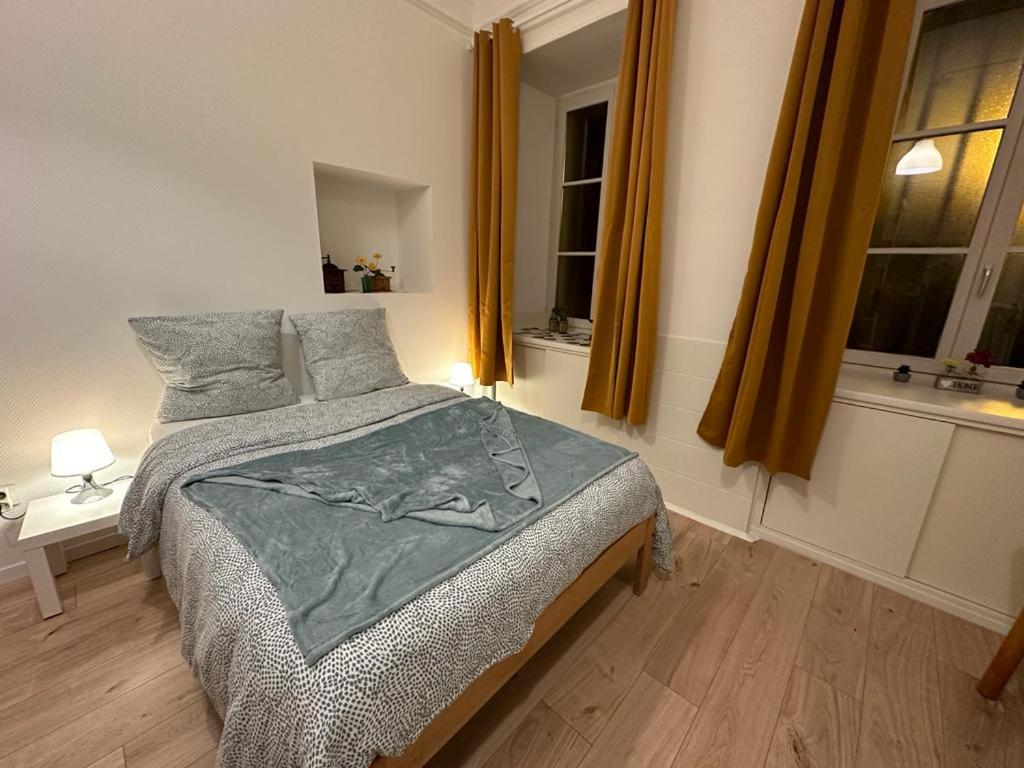 une chambre avec un lit et deux fenêtres dans l'établissement Le Petit Café - Centre ville, parking gratuit, à Mulhouse