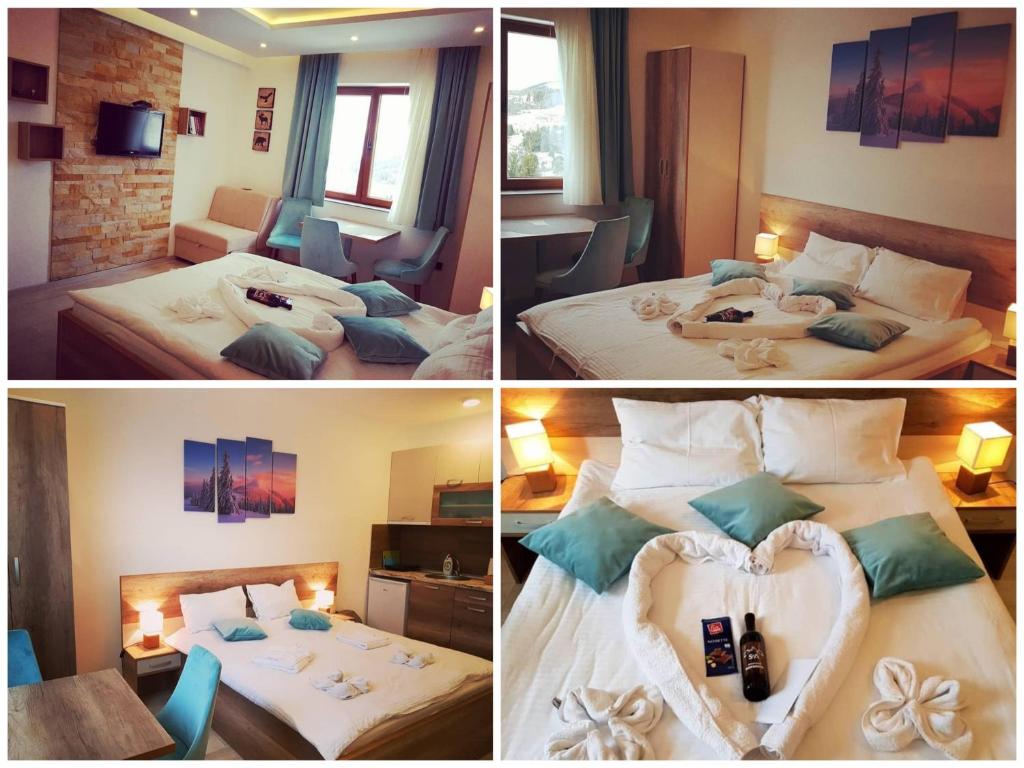 três fotografias de um quarto de hotel com duas camas em Apartment S&A Milmari Resort S43 em Kopaonik