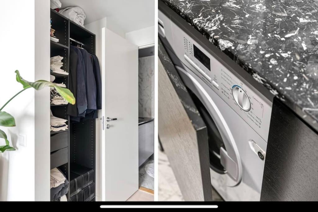 dos fotos de una lavadora y secadora en una habitación en Modern apt. with a great view!, en Estocolmo