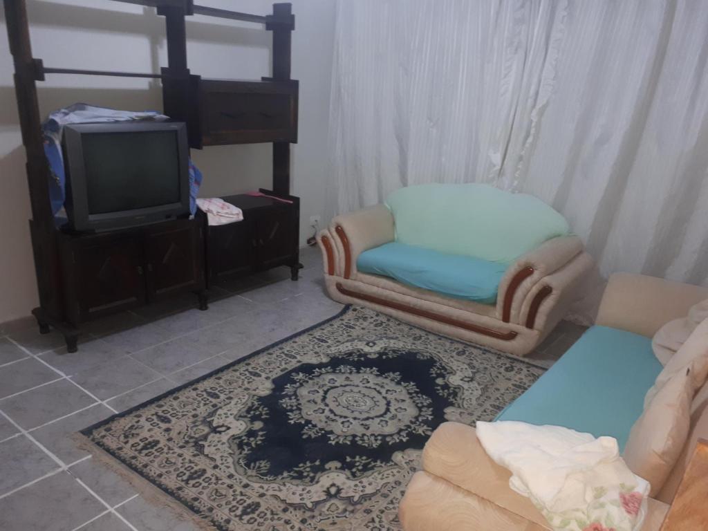 uma sala de estar com um sofá e uma televisão em Alexandre Mayer em Peruíbe