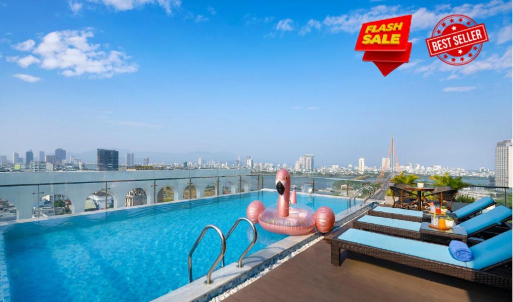 A rooftop swimming pool overlooks the city and waterfront.