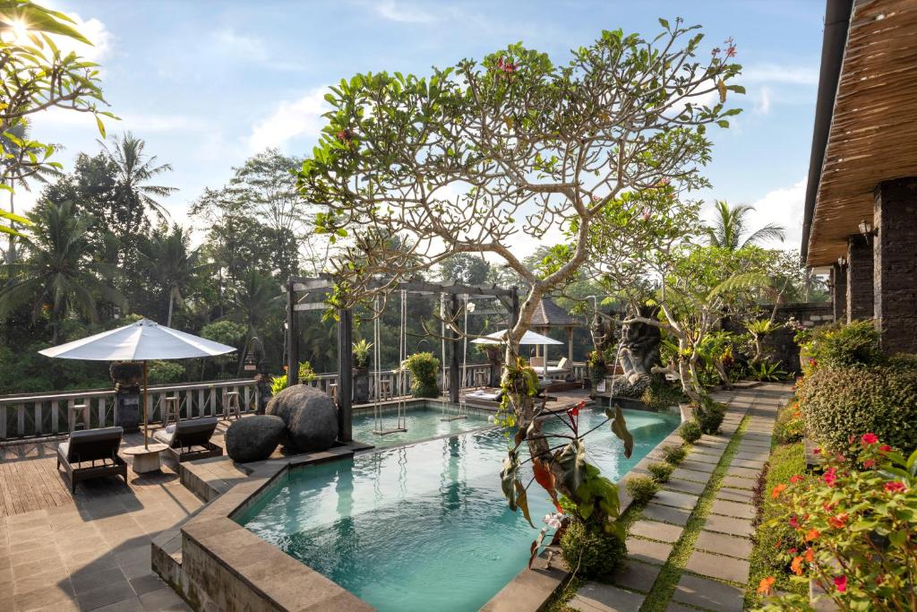 einen Pool in einem Resort mit einem Baum in der Unterkunft Kawi Resort A Pramana Experience in Tegalalang