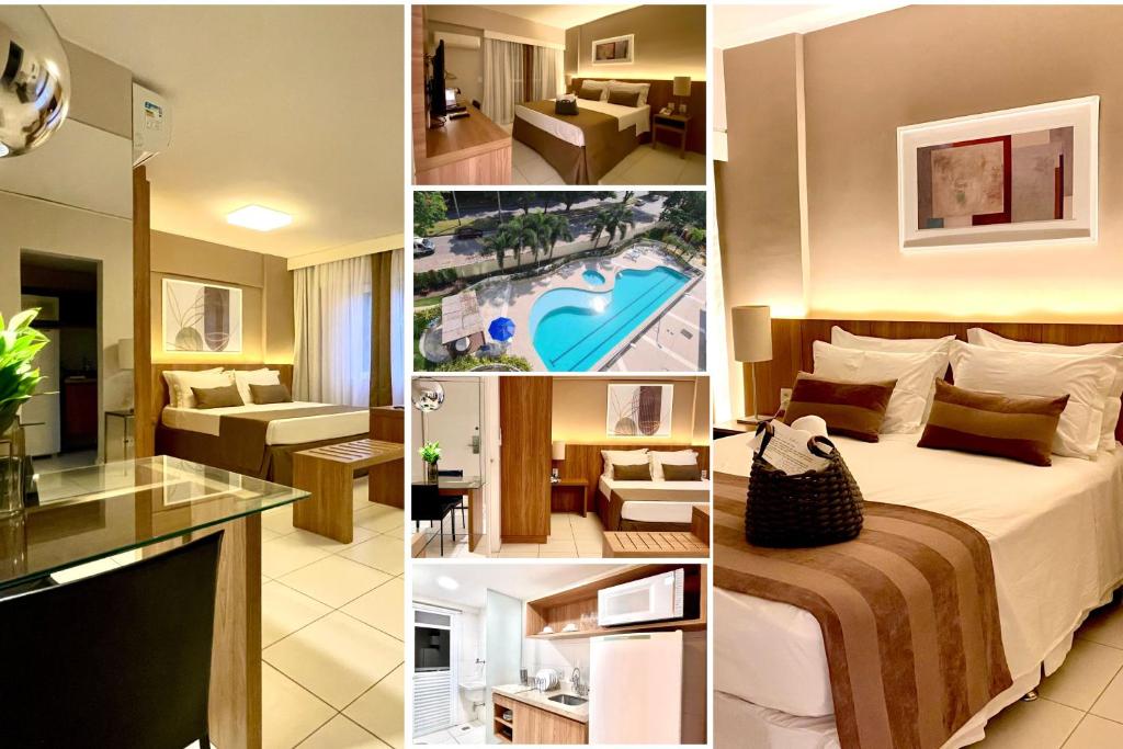 un collage de quatre photos d'une chambre d'hôtel dans l'établissement Suíte & Flat Premium Rio Stay - Rio Centro, à Rio de Janeiro