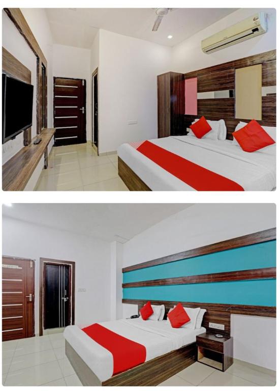 two pictures of a hotel room with two beds at HOTEL MAHIMA in Gandhinagar