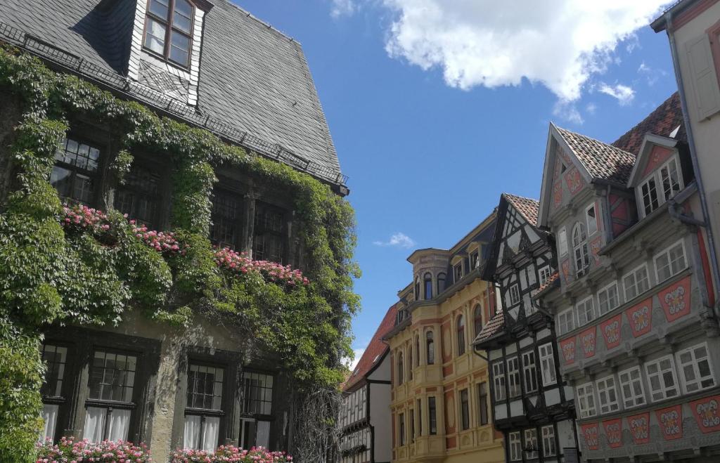 uma rua numa cidade com edifícios em Quedlinburg Marktplatz-Suites em Quedlinburg