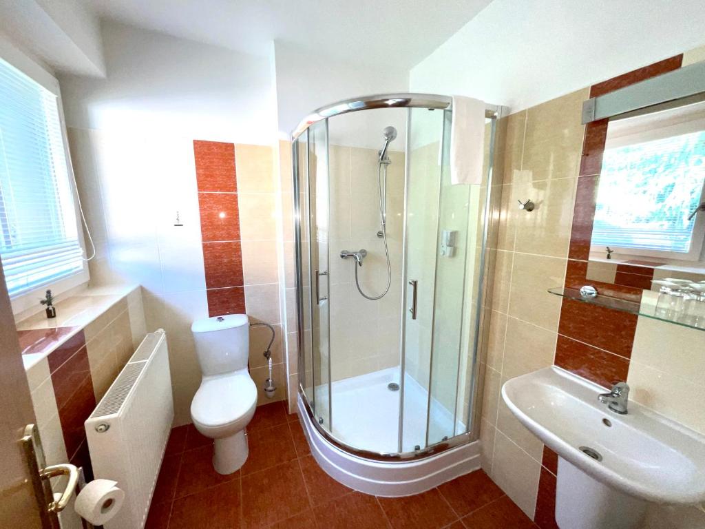 y baño con ducha, aseo y lavamanos. en Apartmán u Sázavy č.14, 