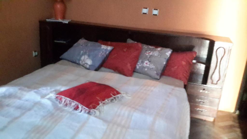 uma cama com almofadas vermelhas e azuis em Birhan Guest House em Addis Ababa