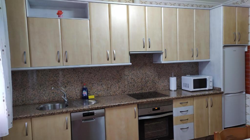 cocina con armarios de madera, fregadero y microondas en Ardan paraiso, en Pontevedra