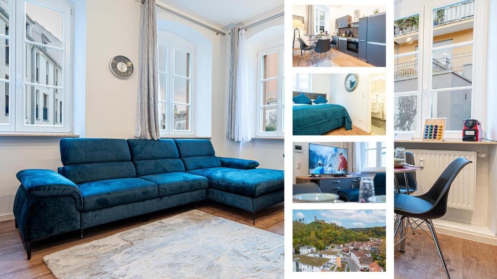 un collage de fotos de una sala de estar con sofá azul en LiT LiVING: Luxus - Box SprIng - WH Old Town en Weinheim
