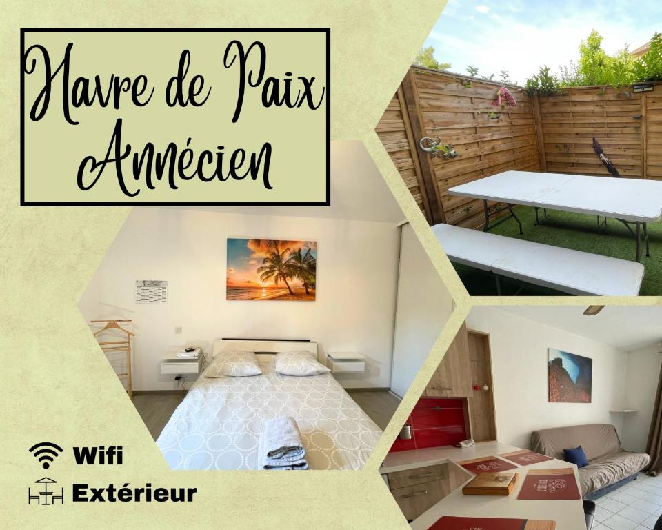 a collage of photos of a bedroom with a bed at Havre de paix Annécien in Meythet
