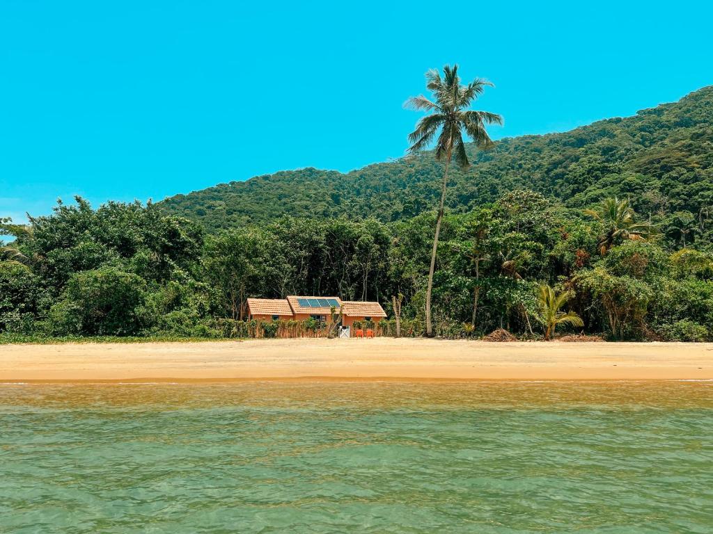 a beach with a house and a palm tree at Refugio Ilha Grande in Angra dos Reis