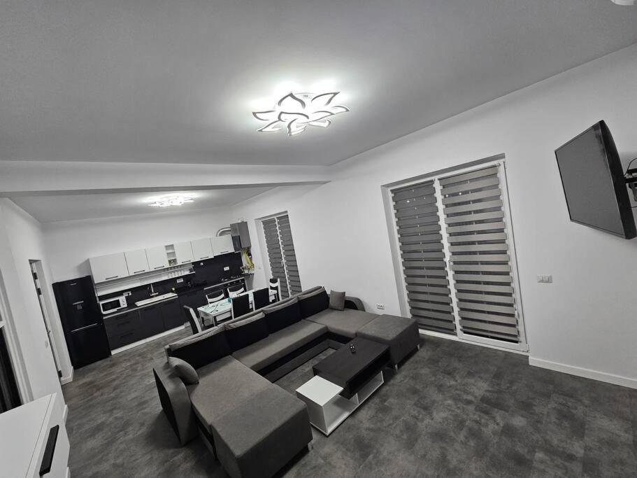 a living room with a couch and a television at Comfy & Cozy Apartament 2 in Rădăuţi