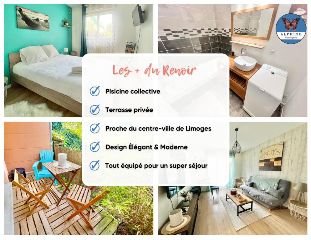 a collage of photos of a bedroom and a room at Le Renoir terrasse de plain-pied et piscine in Limoges
