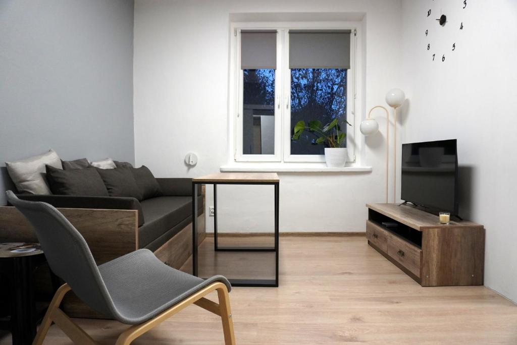 - un salon avec un canapé, une table et une télévision dans l'établissement Apartament Chorzów Centrum Wróblewskiego, à Chorzów