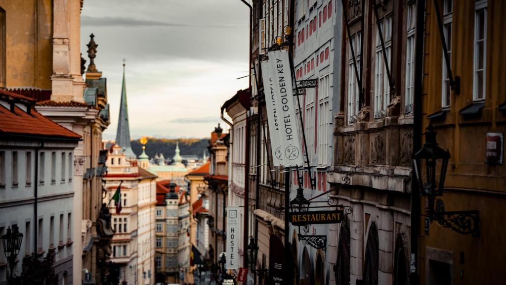 a view of a city street with buildings at Hotel Golden Key Prague Castle in Prague