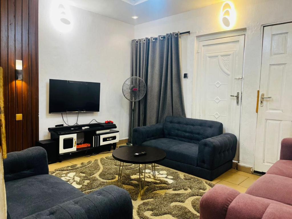 sala de estar con 2 sofás azules y TV en Petra Homes B, en Lagos