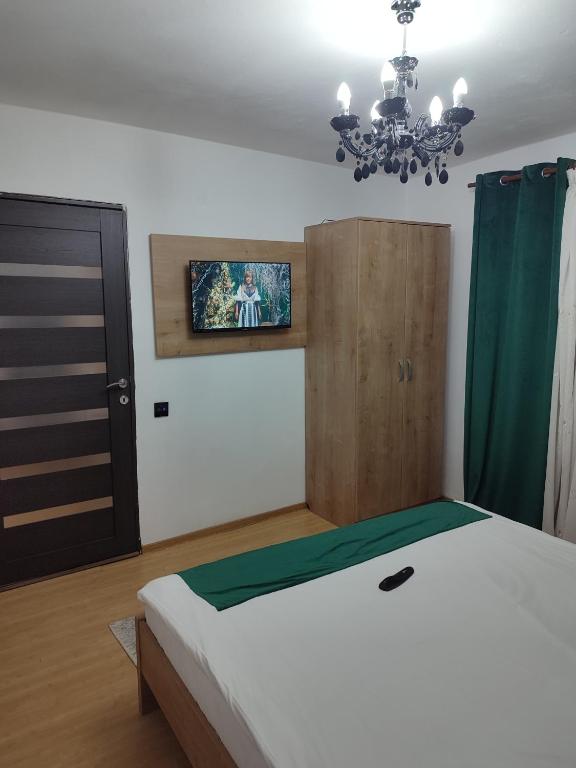 a bedroom with a bed and a chandelier at Cabana Good Vibes in Cluj-Napoca