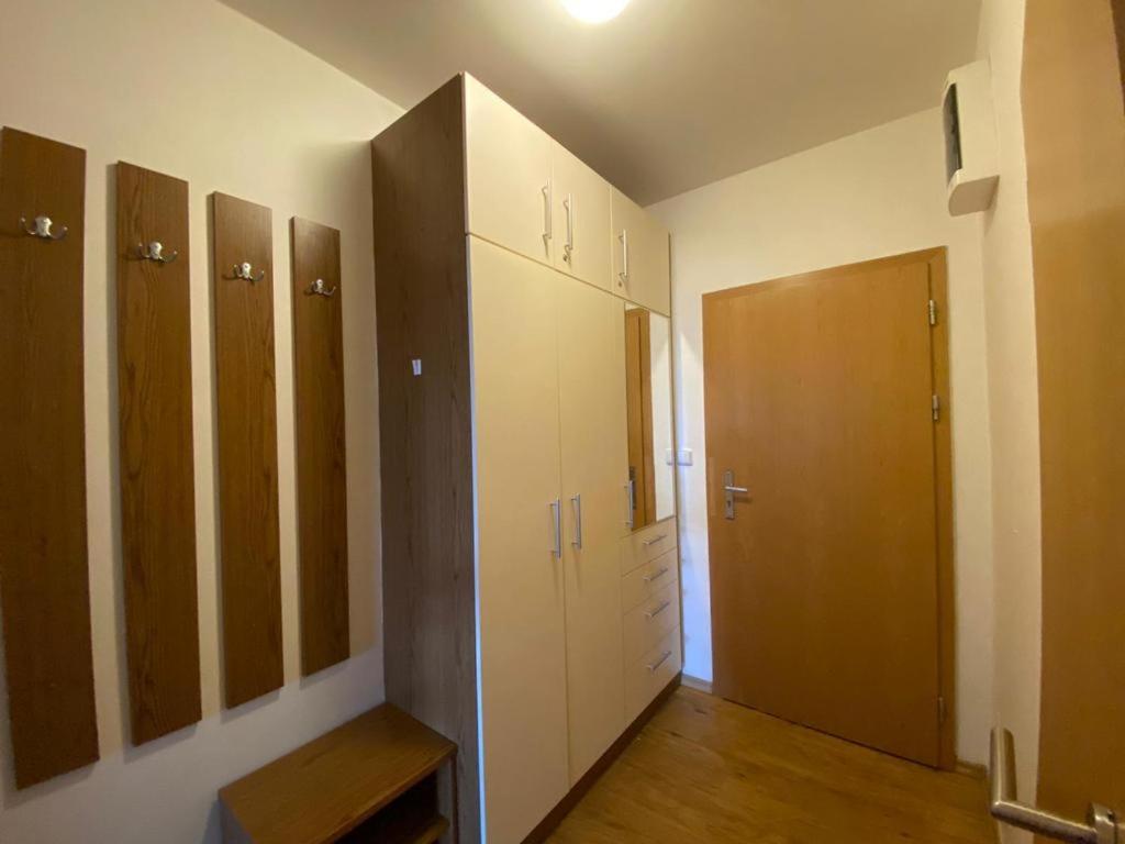 um quarto com armários e um corredor com uma porta em Lipno Klidné centrum em Lipno nad Vltavou