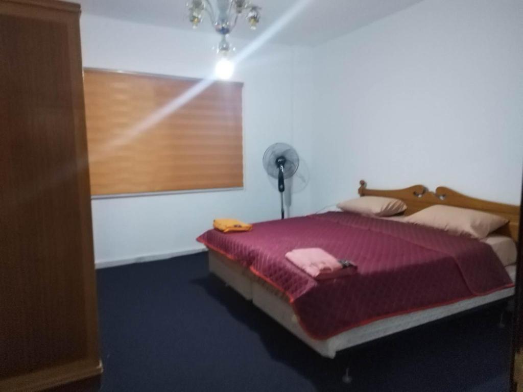 ein Schlafzimmer mit einem Bett mit einer lila Bettdecke und einem Fenster in der Unterkunft City Center in Gerasa