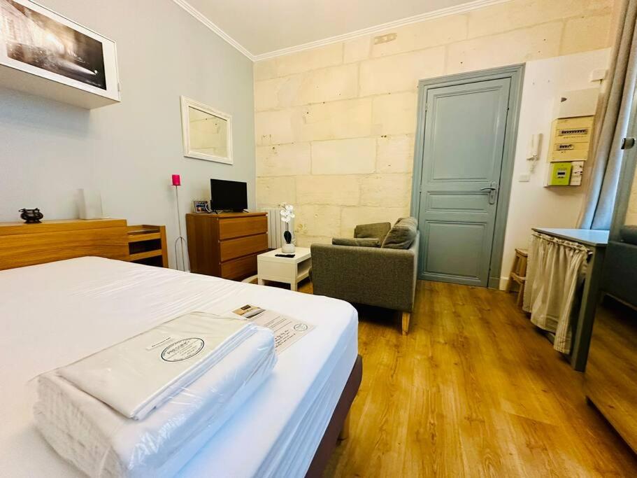 a bedroom with a bed and a chair in a room at COZY - Appartement de charme proche thermes in Rochefort