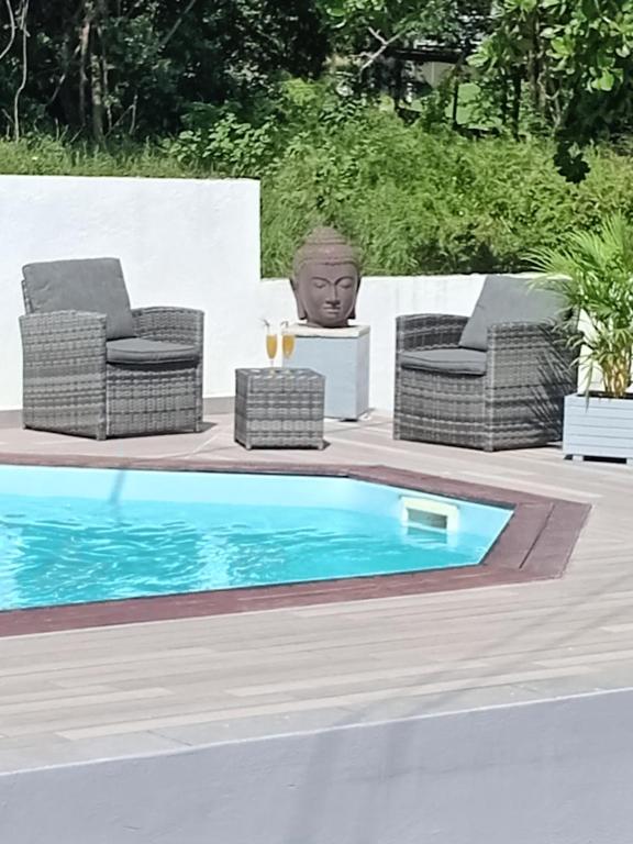 a pool with two chairs and a statue of a head at L'INSTANT PRESENT in Le Moule