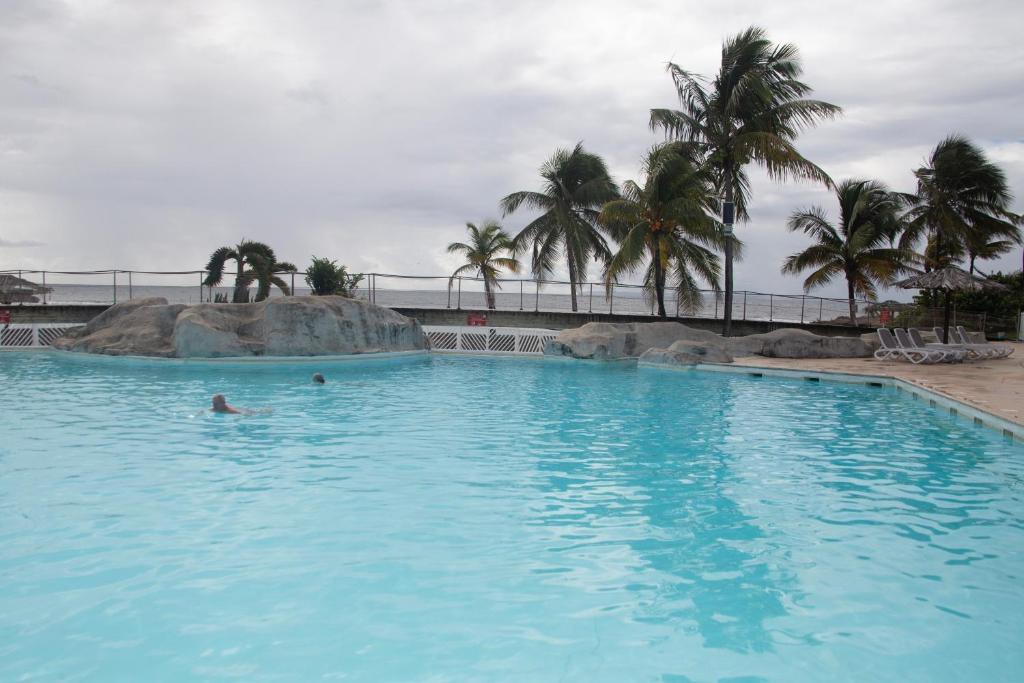 a large swimming pool with palm trees in it at Studio Beachside Paradise avec citerne tampon- Résidence Manganao in Saint-François