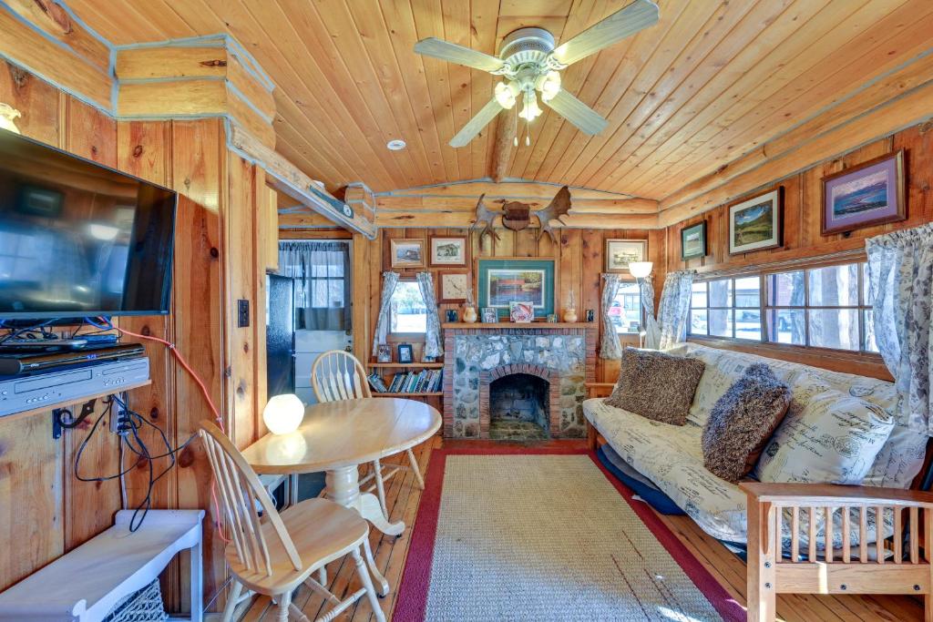 a living room with a couch and a fireplace at Autumnsong Fireside Cabin Near Dtwn Buena Vista! in Buena Vista