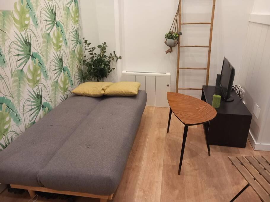 a bed in a room with a table and a chair at Bonito estudio en Madrid centro in Madrid