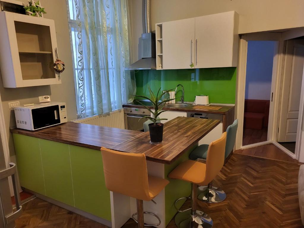 cocina con mesa de madera y paredes verdes en Condor en Arad