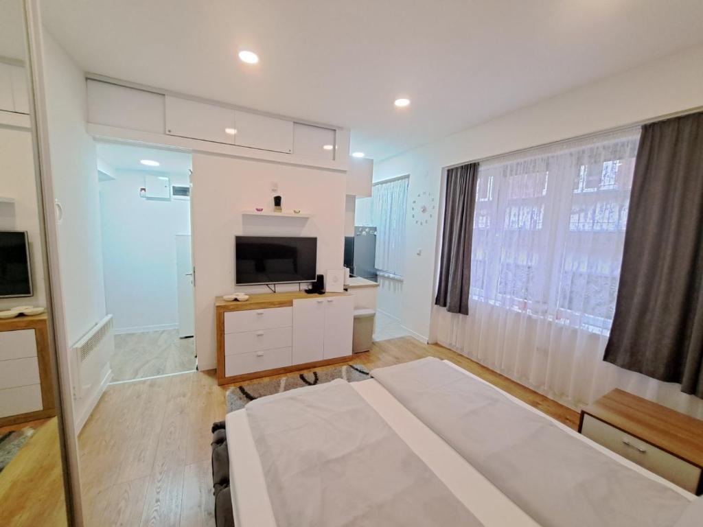 een slaapkamer met een groot bed en een televisie bij Apartman EM in Sarajevo
