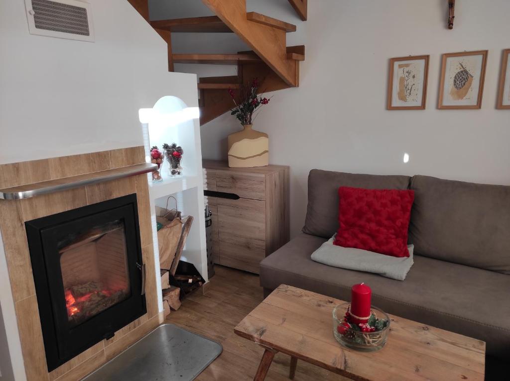 sala de estar con sofá y chimenea en Domek u Hornika, en Dursztyn