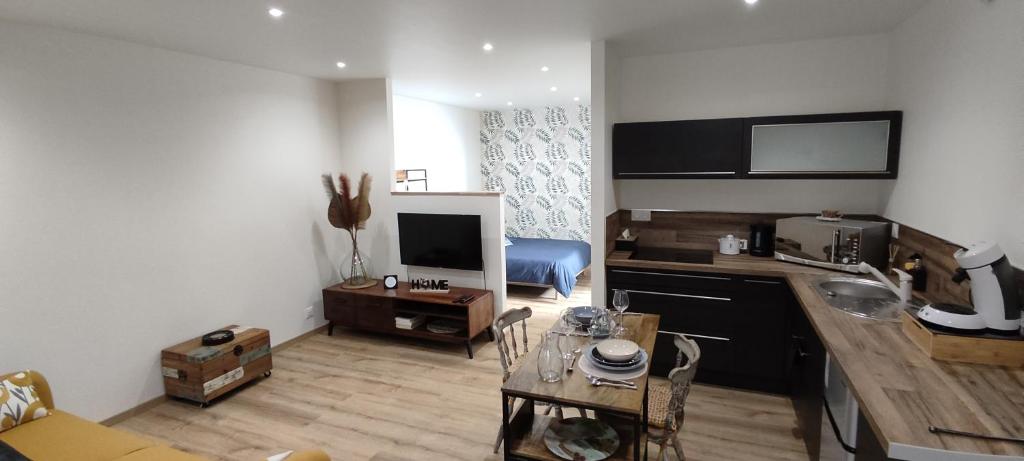 a living room with a kitchen and a table with a table at Tout confort. Appartement 2 pers. centre-ville in Le Creusot