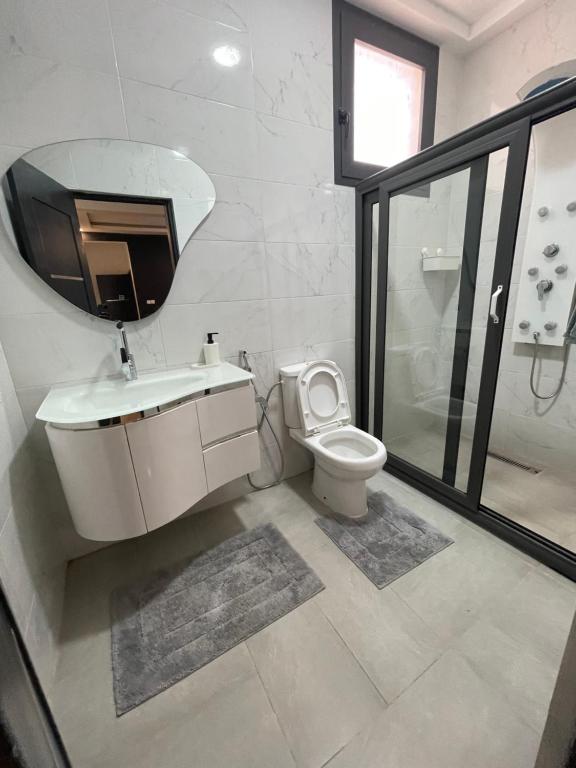 a bathroom with a toilet and a sink and a mirror at Appartement Haut Standing in Dakar