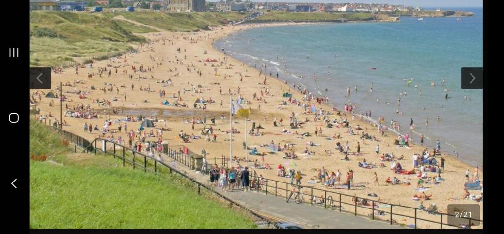 een grote groep mensen op een strand bij NO15 in Tynemouth