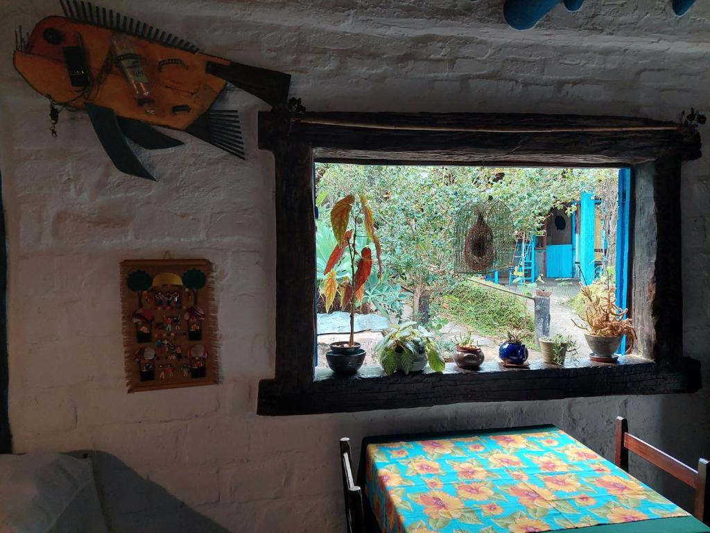 ein Fenster in einem Zimmer mit einem Tisch und Pflanzen in der Unterkunft Pousada Bangalôs Cipó in Serra do Cipo