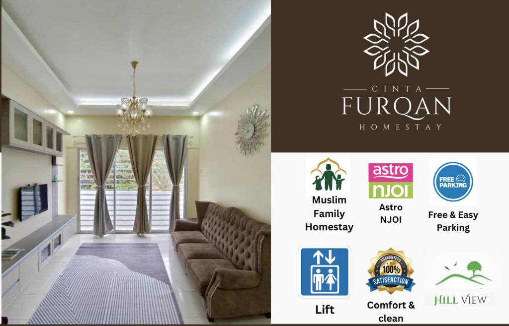 sala de estar con sofá y lámpara de araña en Homestay Cinta Furqan 1 - apartment Cameron Highland, en Tanah Rata
