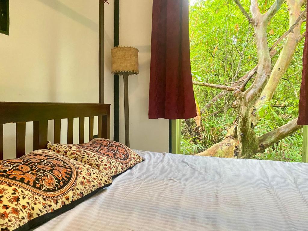 Bett mit Kissen und Fenster in einem Zimmer in der Unterkunft Maina Home's Gₐₗₗₑ in Bope