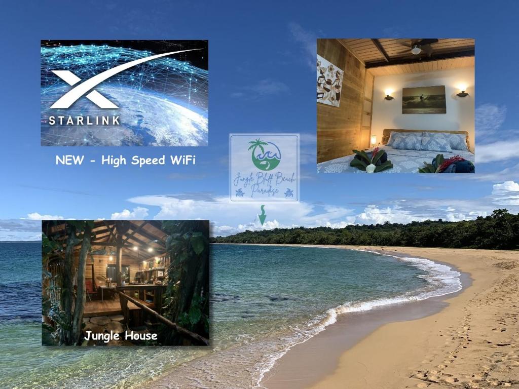 a collage of photos with a beach and a book at Jungle Bluff Beach Paradise - Jungle House in Paunch