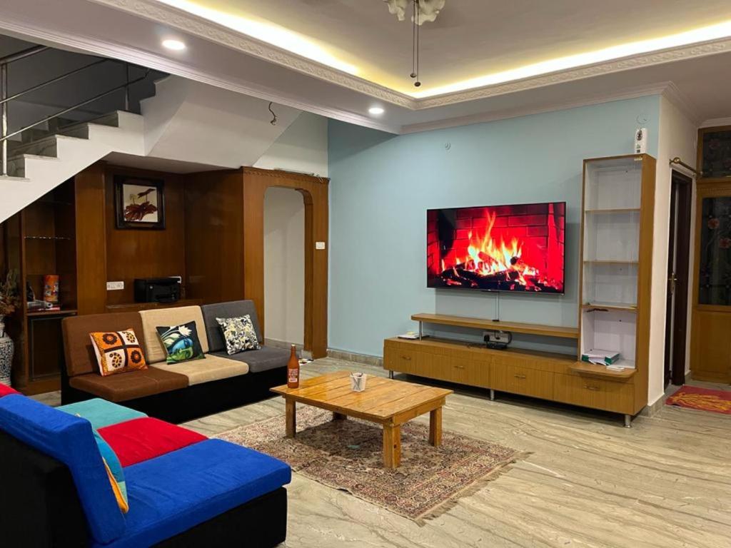 Bonjour Travellers Hostel في حيدر أباد: غرفة معيشة مع أريكة ونار في التلفزيون