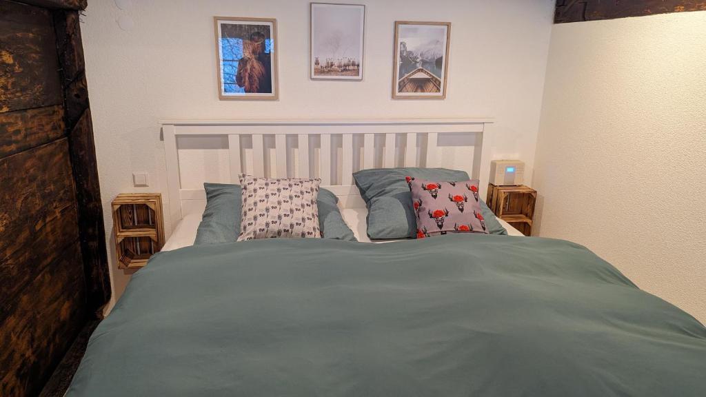 Schlafzimmer mit einem Bett mit blauer Bettwäsche und Kissen in der Unterkunft Ferienwohnung im Historischen Schwarzwaldhaus in Wieden