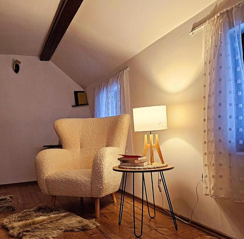 a living room with a chair and a lamp on a table at Misha's House in Porumbacu de Sus