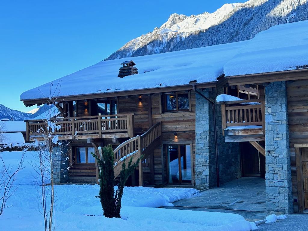 夏慕尼白朗峰的住宿－Chalets ASA 426 m2，小木屋,屋顶上积雪