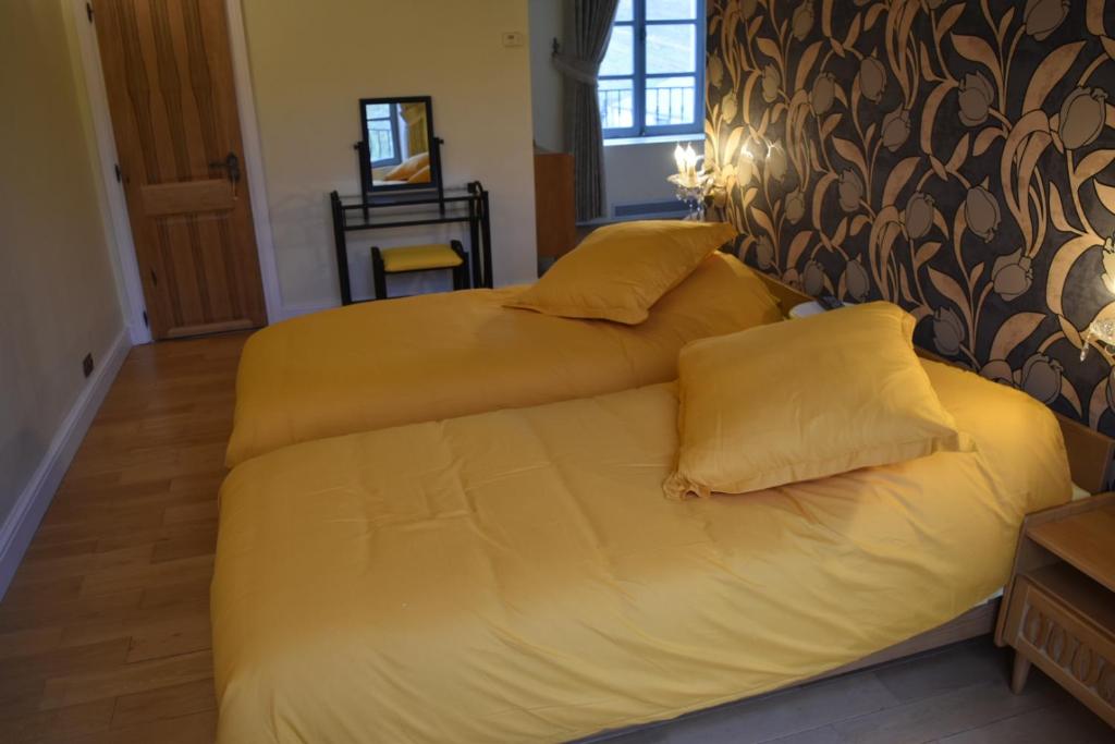 two beds in a room with yellow sheets and pillows at Chateau Roquehort in Monein