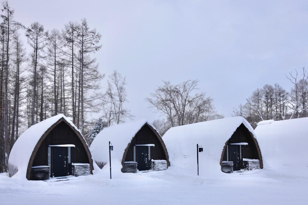 um grupo de quatro cúpulas cobertas de neve em Andaru Collection Niseko em Kutchan