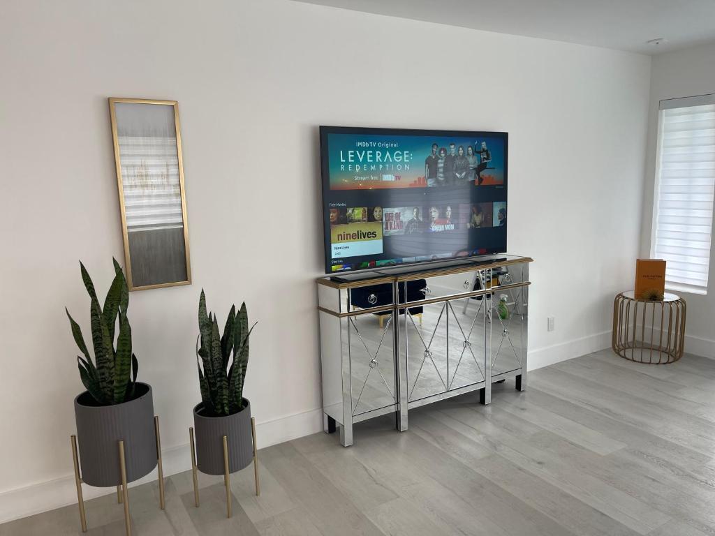 sala de estar con TV de pantalla plana y 2 plantas en Pinto luxury Village, en Hallandale Beach